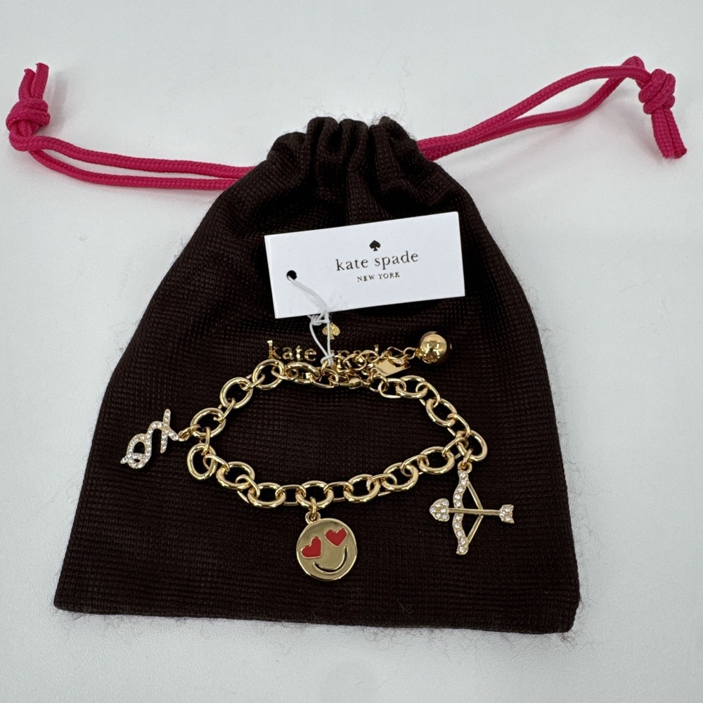Kate Spade NY Lovestruck Emoji Heart Gold Tone Charm Bracelet NEW Fun Love City
